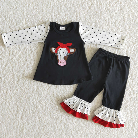 girl cow emboridery farm black winter long sleeve set