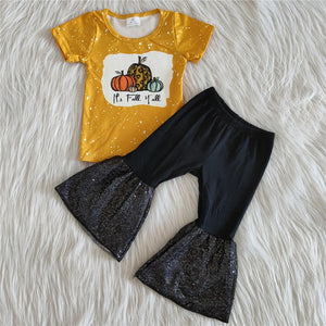 A2-12 girl pumpkin halloween yellow sequin bell bottom set-promotion 2023.10.4