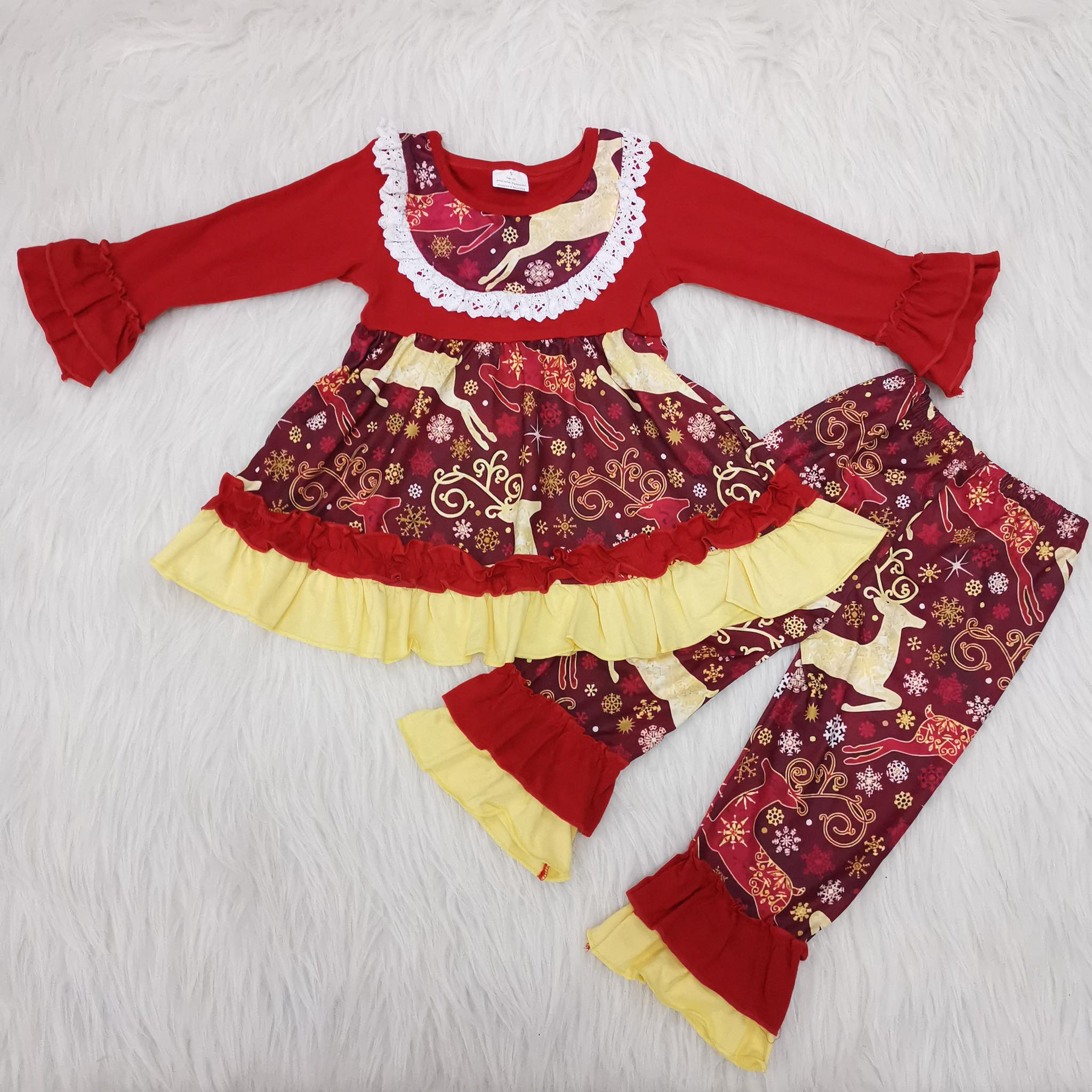 girl red deer christmas lace winter long sleeve set