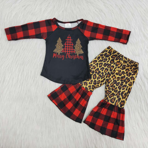 6 b12-38 girl tree plaid leopard winter christmas long sleeve set