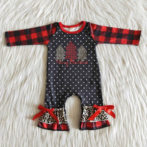 girl plaid leopaid tree winter christmas romper