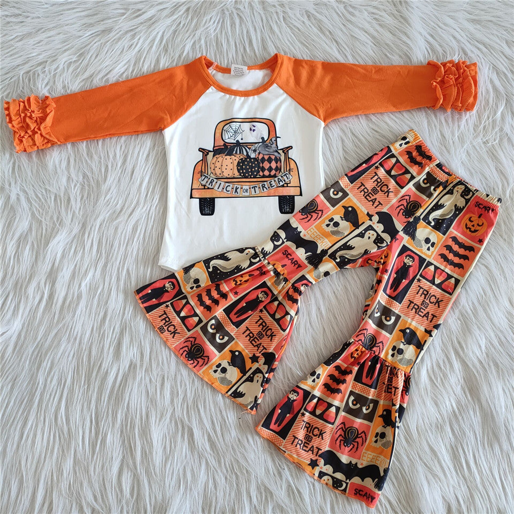 girl pumpkin truck orange long sleeve halloween set