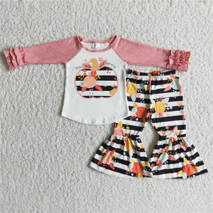 6 A4-15 girl pumkin pink long sleeve stripe leave set-promotion 2023.9.25