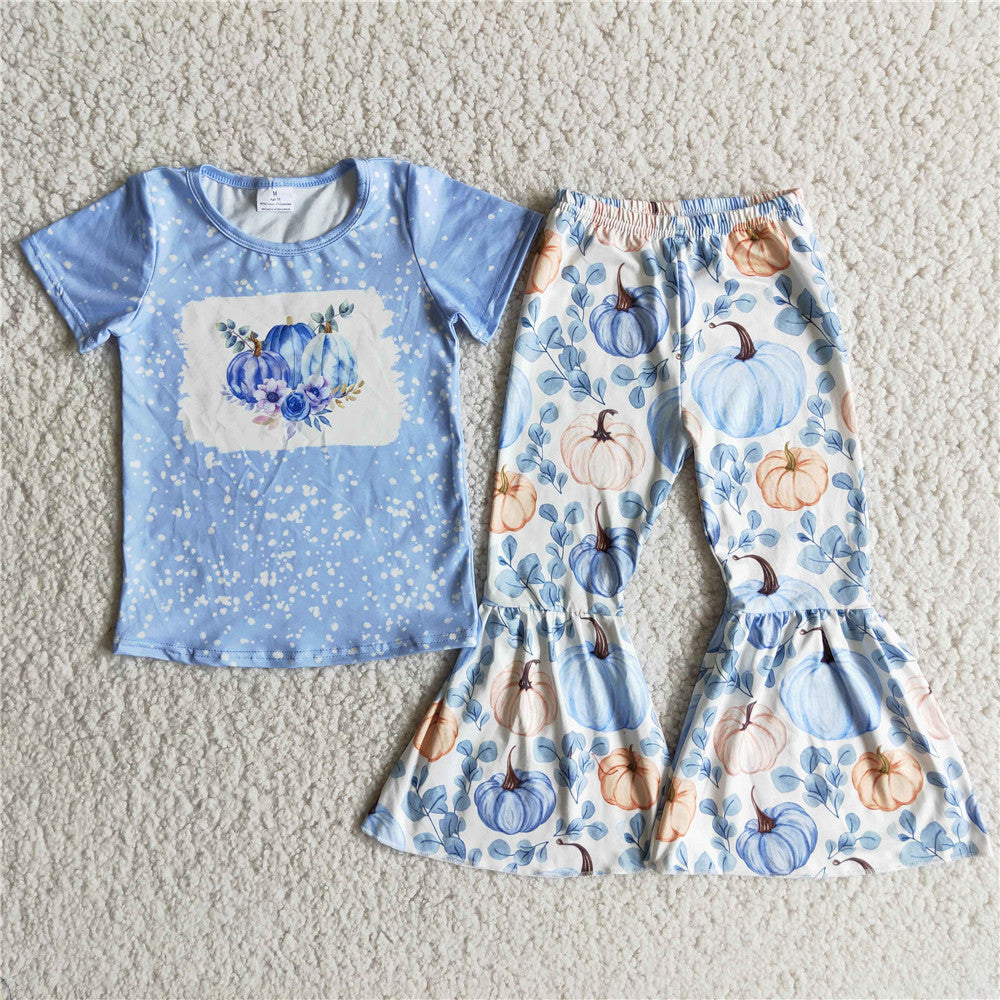 B9-13 girl clothing blue pumpkin halloween short sleeve set-promotion 2023.9.25