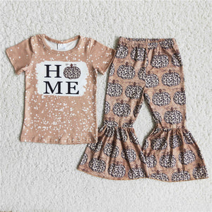 A10-13 RTS girl leopard pumpkin halloween short sleeve set