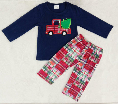 boy tree truck emboridery navy plaid winter christmas set