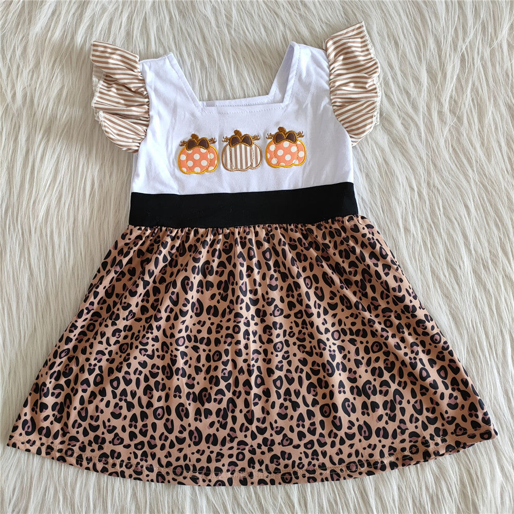 C6-16 pumpkin embroirdery dress kids clothes girls baby halloween costume