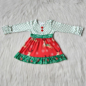 girl green dot christmas winter long sleeve deer dress