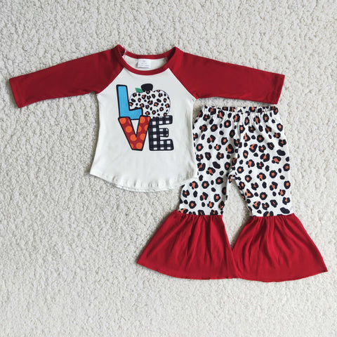 girl halloween love pumpkin leopard red long sleeve set