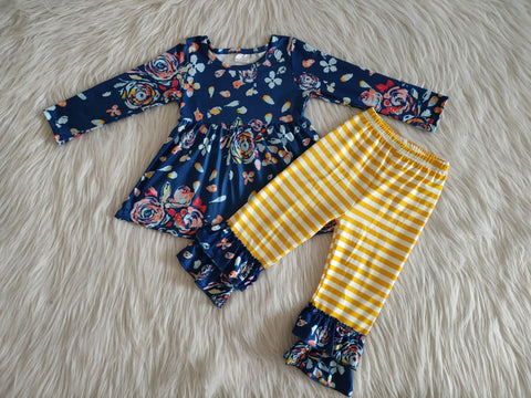 girl navy floral yellow stripe winter long sleeve set