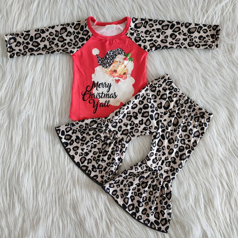 girl christmas leopard santa claus red winter long sleeve set