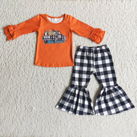 girl halloween pumpkin truck plaid pants orange set