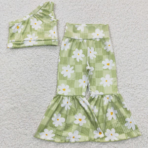 GSPO0524 baby girl clothes RTS  green floral spring outfit girl bell bottom set