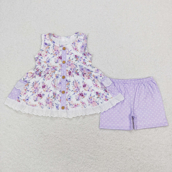 GSSO0402 baby girl clothes purple floral pocket girl summer shorts set