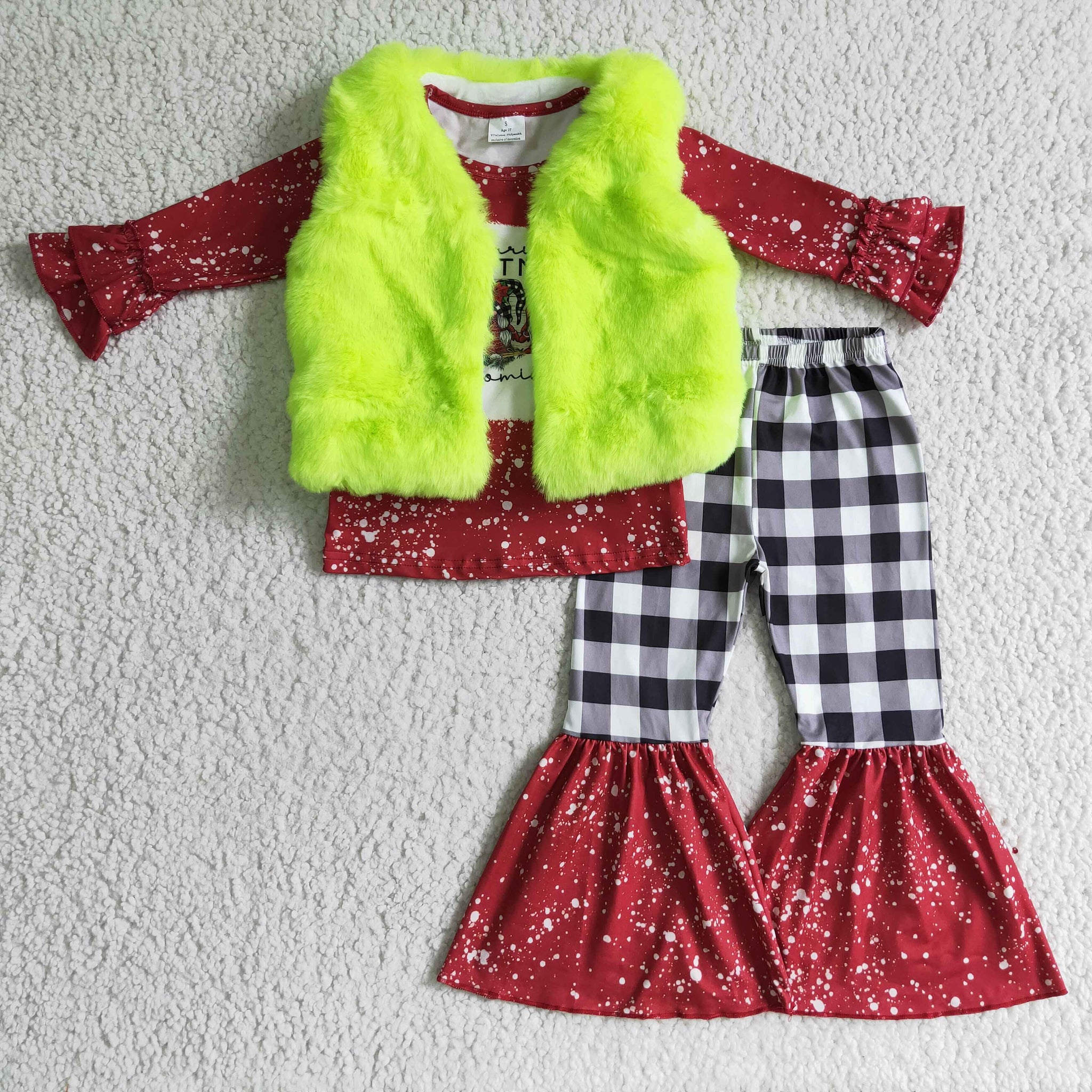 green fur vest red cartoon christmas outfits baby girl clothes 2