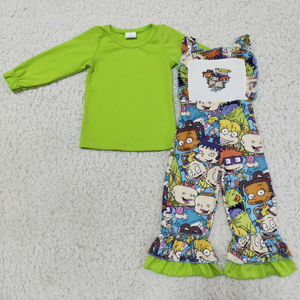 6 A18-16 girl green cartoon set shirt+overalls-promotion 2023.12.23