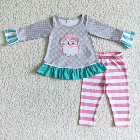 6 A11-27 RTS girl santa claus emboridery grey dot pink stripe winter christmas set - -promotion 2024.11.16 $2.99