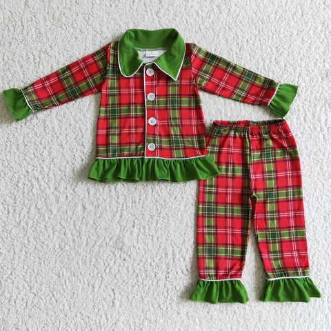 GLP0138 christmas pajamas girl plaid long sleeve pajama set