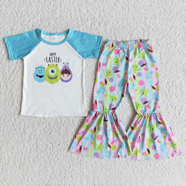 E10-15 baby girl clothes happy easter bell bottom outfit