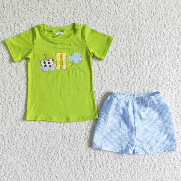 BSSO0082 boy summer blue rain applique set