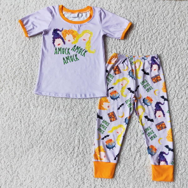 A11-2 RTS cartoon purple witch short sleeve pajamas set halloween boy outfit