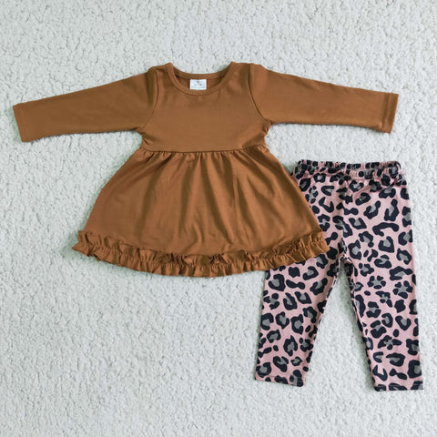 girl brown leopard long sleeve winter set