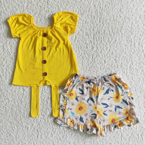 GSSO0035 girl clothing summer yellow buttons girl summer shorts set-promotion 2024.5.11 $5.5