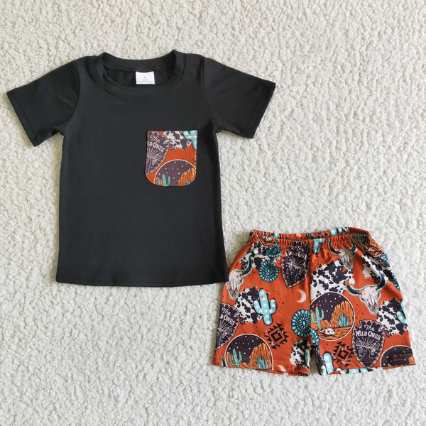 BSSO0014 RTS kids clothing boy summer pocket black cactus cow black set-promotion 2024.6.8 $5.5