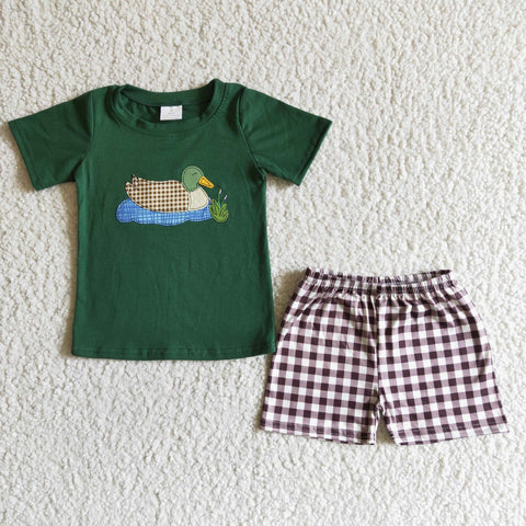 BSSO0007 boy clothes green duck emboridery summer set