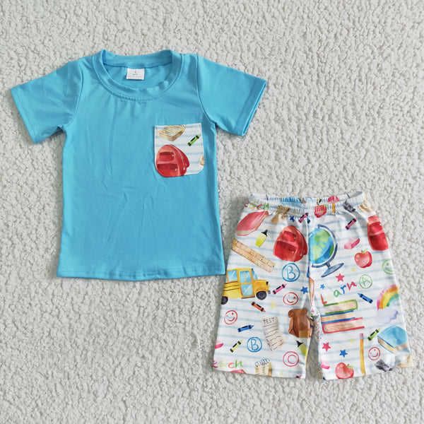 BSSO0071 kids clothing boy blue pocket back to school set
