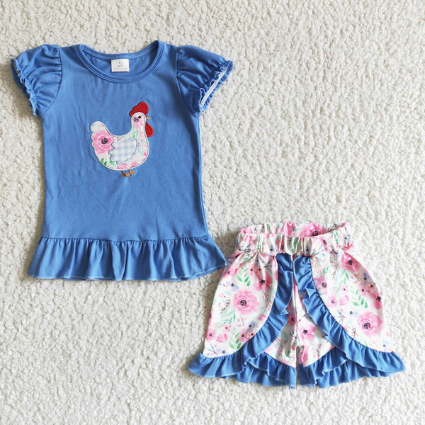 GSSO0020 girl clothing chicken emboridery blue summer set