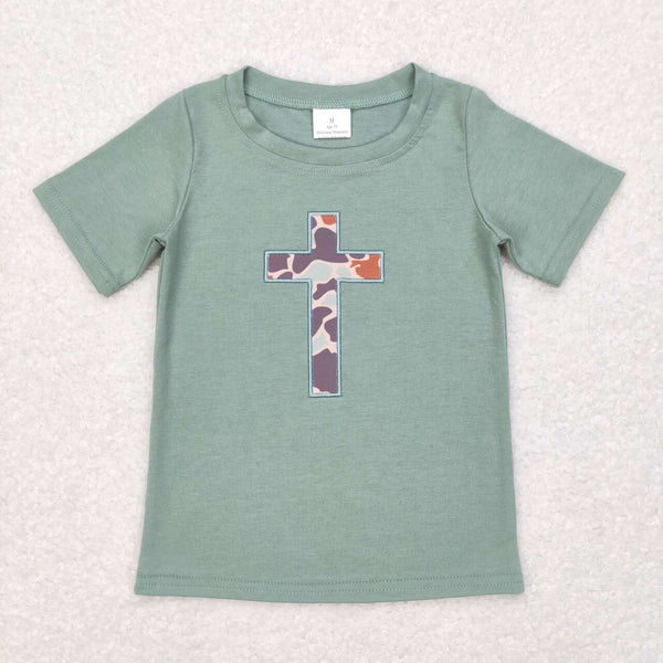 BT0443 RTS toddler boy clothes embroidery cross boy easter tshirt top