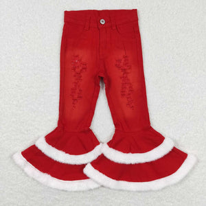 P0334 baby girl clothes girl bell bottom jeans red christmas jeans denim pant winter pant