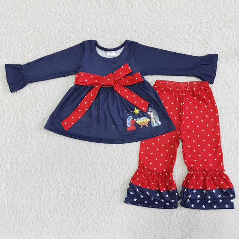 girl winter jesus nativity navy red dot winter long sleeve set