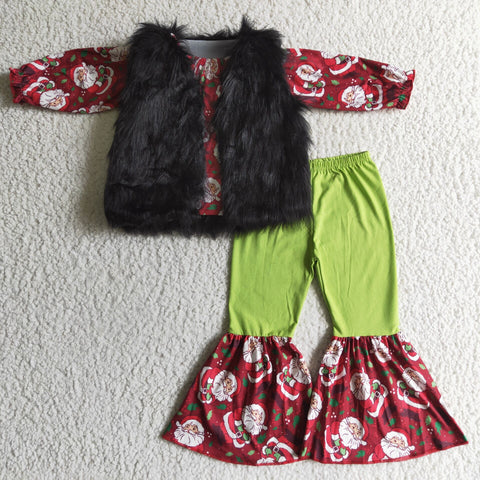 black fur vest red cartoon christmas outfits baby girl clothes 4