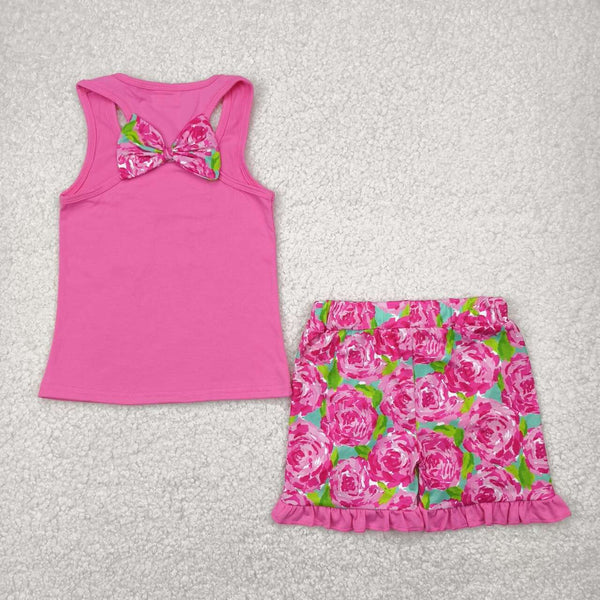 GSSO1605 RTS girl summer outfit floral bow girl summer shorts set-embroidery