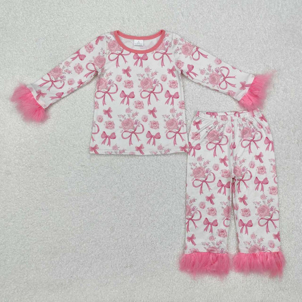 GLP2215 RTS kids clothing bow print girl winter outfit fur pajamas set