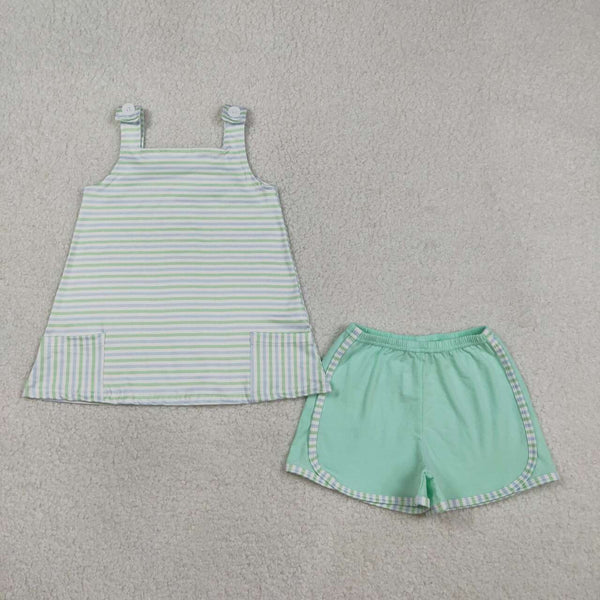 GSSO3110 RTS  toddler girl clothes green stripes print girl summer set summer shorts set