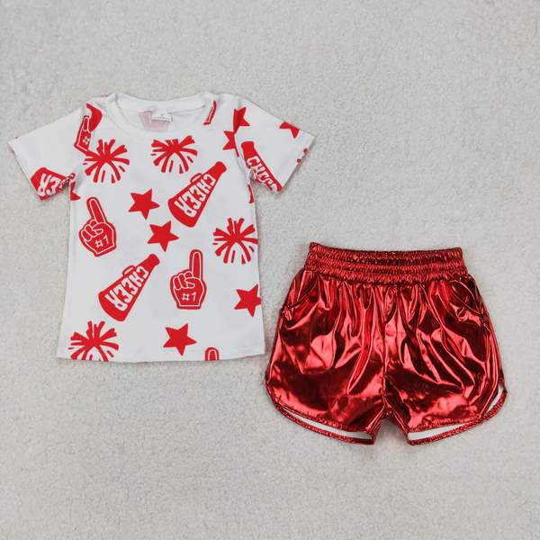 RTS girl clothes girl summer set  colorful cheer girl summer leather shorts set 2