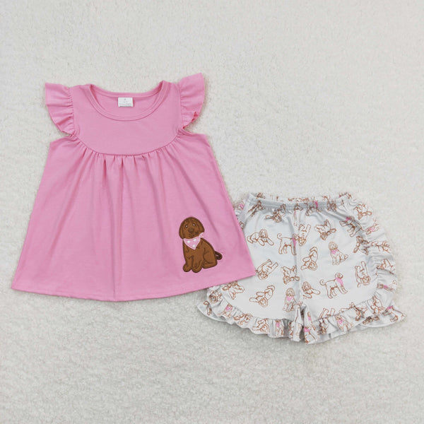 GSSO0581 RTS baby girl clothes embroidery dog pink pubby truck girl summer outfits