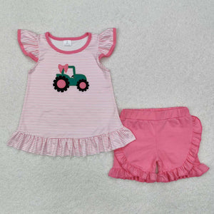 GSSO1757 RTS Girl Clothing green truck toddler girl  summer embroidery outfit