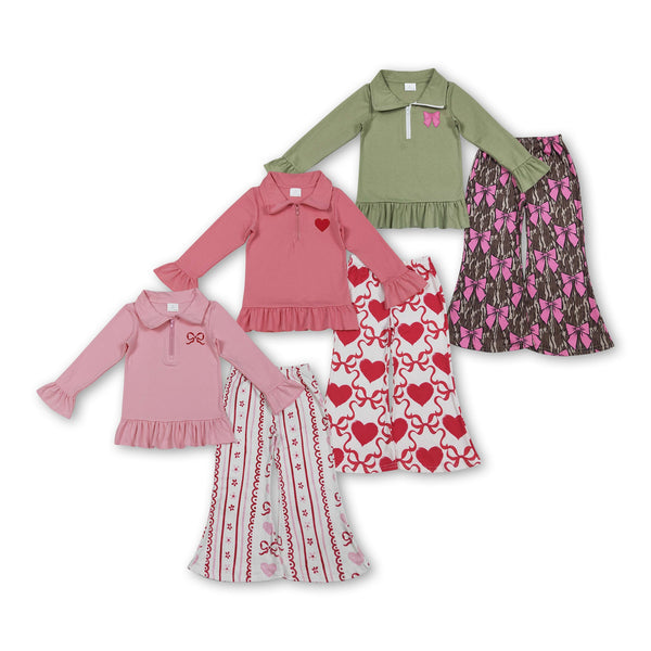 RTS kids matching clothing embroidery bows print clothing baby girl  bell bottom pant clothing-2025.11.26