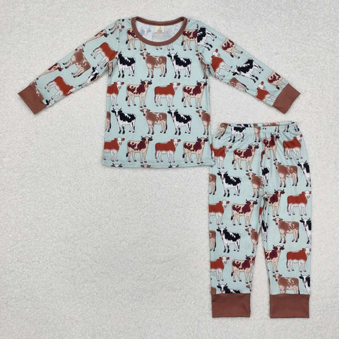 BLP0829 RTS toddler boy clothes cow farm clothes boy winter pajamas set-bamboo