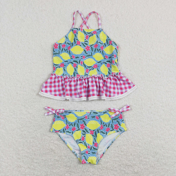 S0219 baby girl clothes lemon pink plaid girl summer swimsuit bathing suit