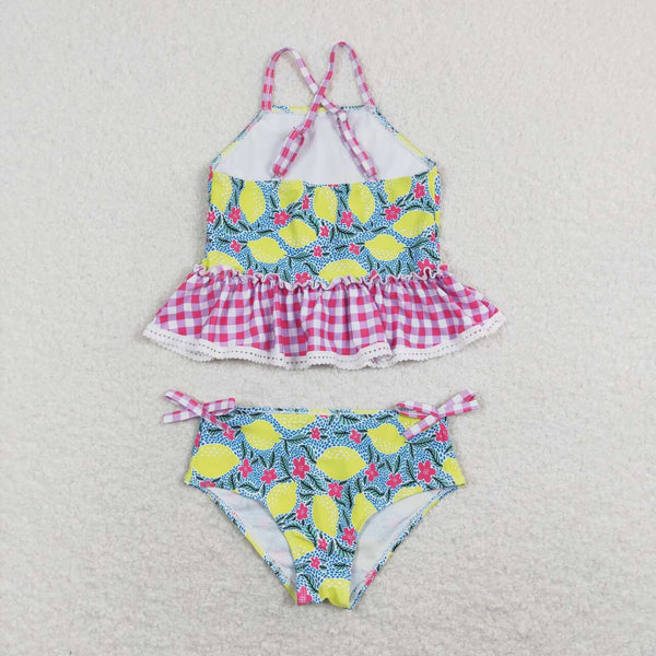 S0219 baby girl clothes lemon pink plaid girl summer swimsuit bathing suit