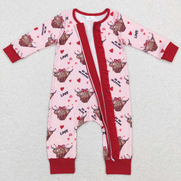 LR0804 baby girl clothes heart highland cow girl valentines day romper