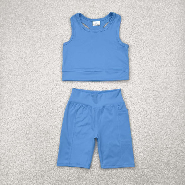 GSSO1515 RTS girl clothes set blue toddler girl yoga summer outfit sports set