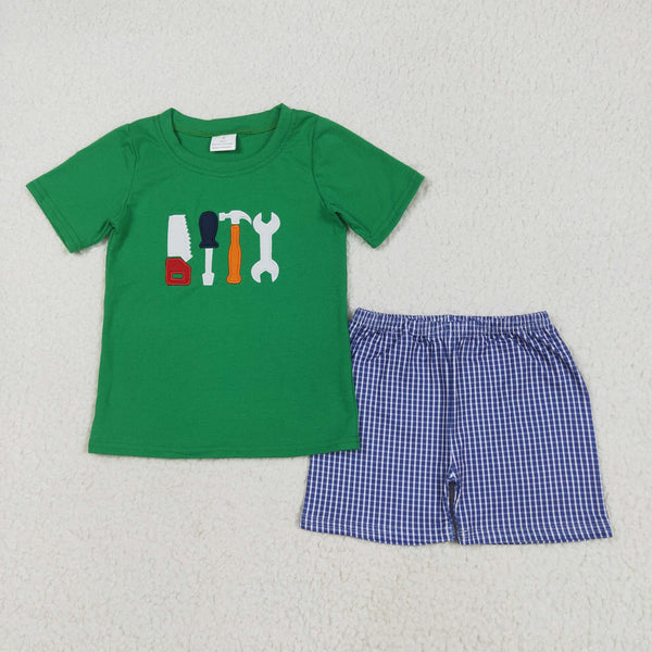 BSSO1066 boy clothes green tool toddler boy summer outfit-embroidery