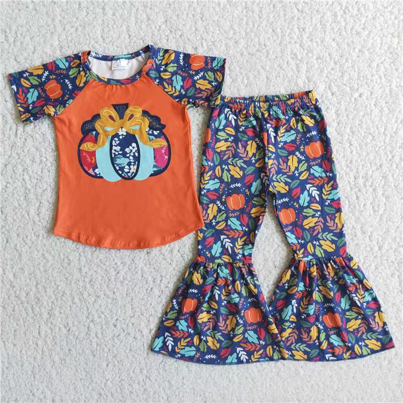 E1-3 girl pumpkin orange halloween short sleeve set-promotion 2023.9.25