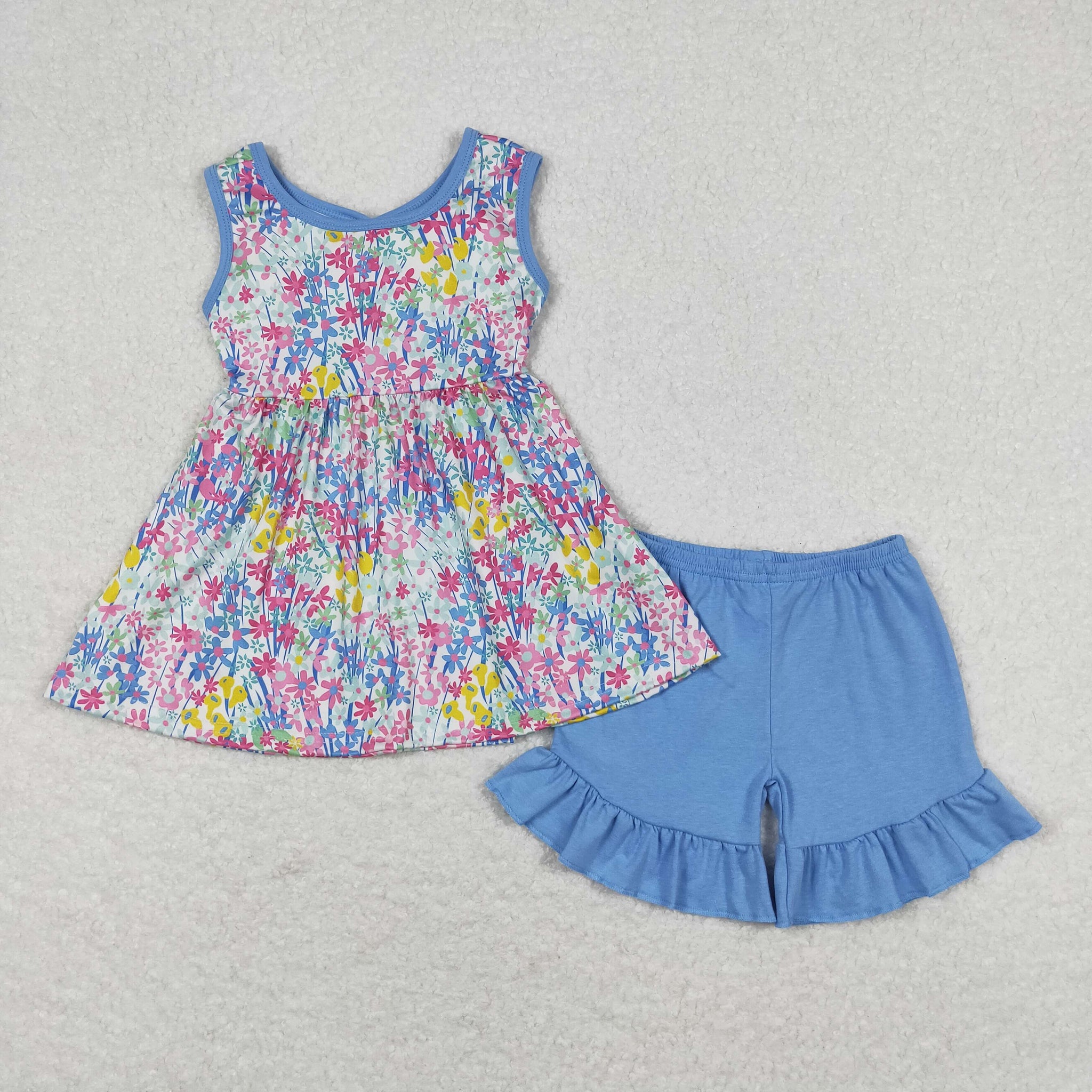 GSSO0547 RTS baby girl clothes blue flower girl summer outfits infant summer shorts set